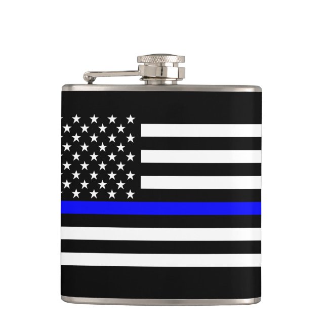 The Thin Blue Line Black and White US flag Flask (Front)