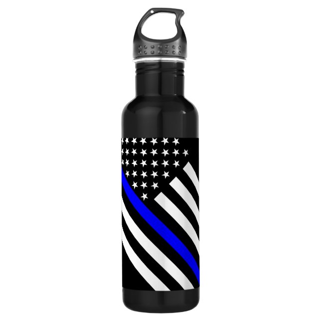 The Thin Blue Line Black and White US flag Water Bottle (Front)