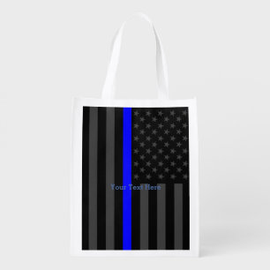 The Thin Blue Line Personalized Black US Flag Deco Reusable Grocery Bag