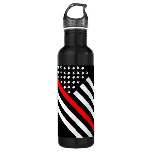 The Thin Red Line Black and White US flag Water Bottle
