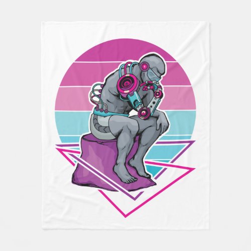 The Thinker Statue Cyberpunk Vaporwave Rodin Fleece Blanket