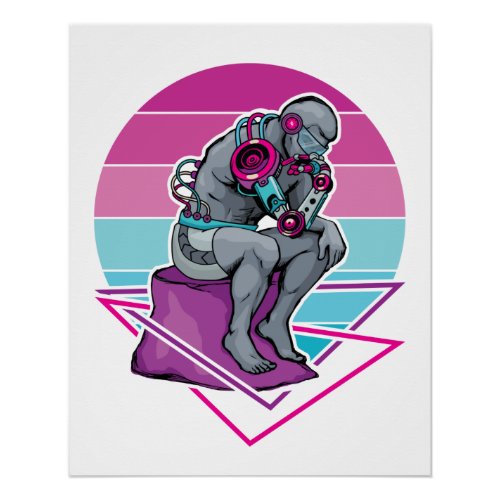 The Thinker Statue Cyberpunk Vaporwave Rodin Poster