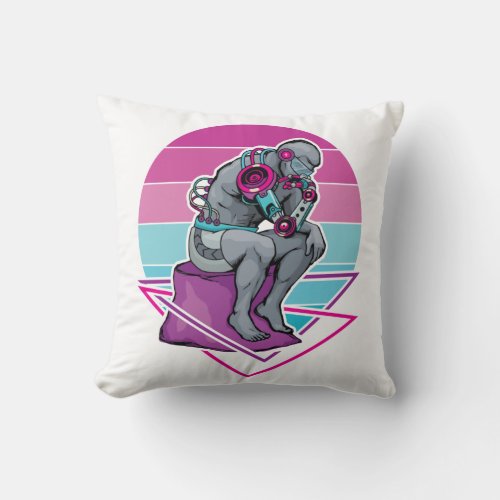 The Thinker Statue Cyberpunk Vaporwave Rodin Throw Pillow