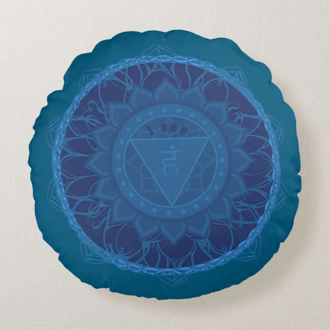 The Third Eye Chakra Mandala Ajna Blue Round Pillow (Front)