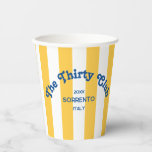 The Thirty Club Yellow Beach Stripe 30th Birthday  Paper Cups<br><div class="desc">Elevate your 30th birthday celebration with The Thirty Club Yellow Cabana Stripe Party Paper Cups, featuring blue retro lettering set against vibrant yellow cabana stripes, these customizable paper cups are perfect for elevating your 30th birthday decor, adding a fun, coastal vibe these paper cups can be fully personalized with your...</div>