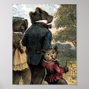 The Three Bears Take a Walk Vintage Illustration Poster