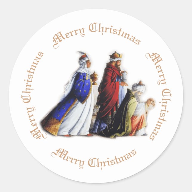 The Three Magi Bearing gifts & Christmas greeting Classic Round Sticker (Front)