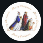 The Three Magi Bearing gifts & Christmas greeting Classic Round Sticker<br><div class="desc">Traditional Christmas art of the three Magi presenting gifts to the baby Jesus and Merry Christmas greetings.  Christmas art with Christmas greetings.</div>