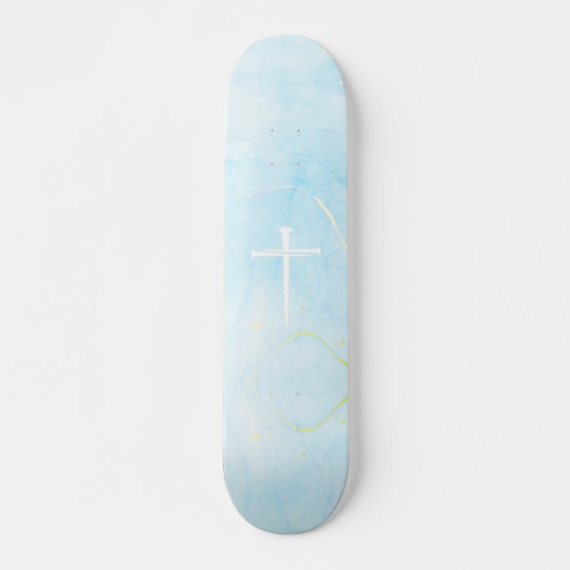 The Three Nails Cross Blue Marble Christian Skateboard (Front)
