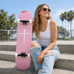 The Three Nails, Pink and White Cross Christian Skateboard<br><div class="desc">Simple design: three white nails interlaced to make the Christian Cross. Pink aesthetic.</div>