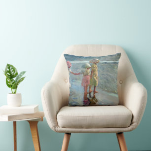 The three sisters on the beach by Joaquin Sorolla Throw Pillow