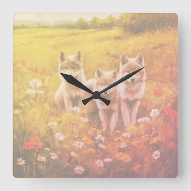 The three waiting grey wolf pups square wall clock (Front)