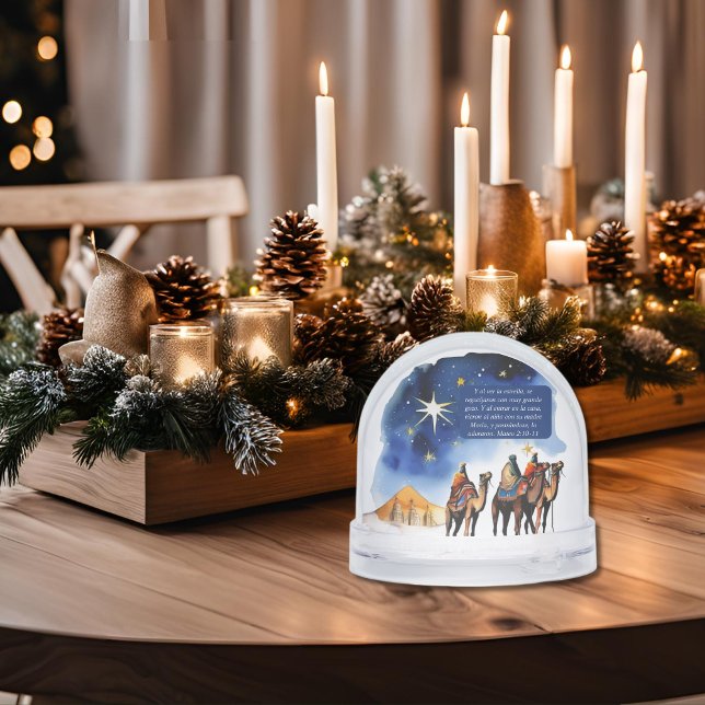 The Three Wise Men Matt. 2:10-11 Bible Verse Snow Globe (Spanish Bible Christmas verse Matthew 2, personalized Snow Globe. Cpn Jesus en el camino)