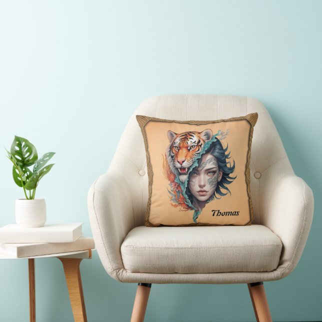 The tiger and the woman, strength and grace.  throw pillow (Chair)