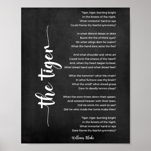 The Tiger Poem by William Blake Black and White Poster