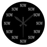 The Time is NOW wall clock: White letters on black Large Clock