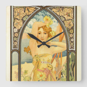The Times of the Day, Brightness of Day by Mucha Square Wall Clock