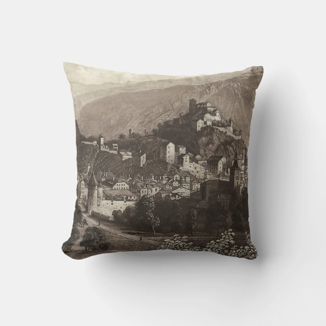 The Town of Sion Rudisuhli Antique Engraving Throw Pillow (Front)