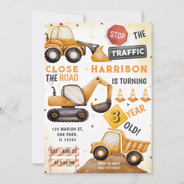 The Traffic Construction Dump Truck Birthday  Invitation (Front)