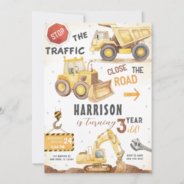 The Traffic Construction Dump Truck Birthday  Invitation (Front)