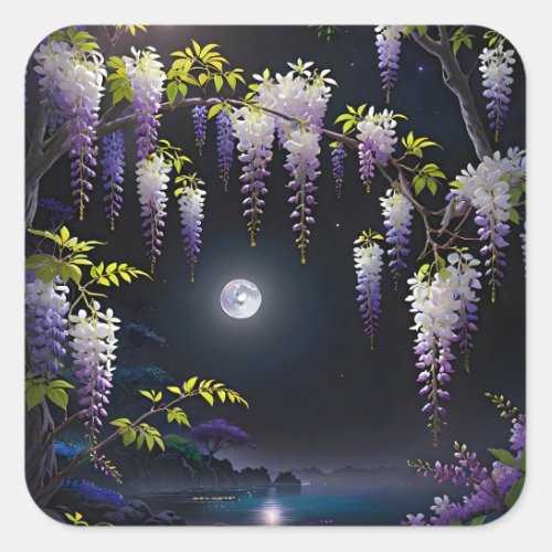 The tranquil Japanese art of Wisteria tree with bl Square Sticker