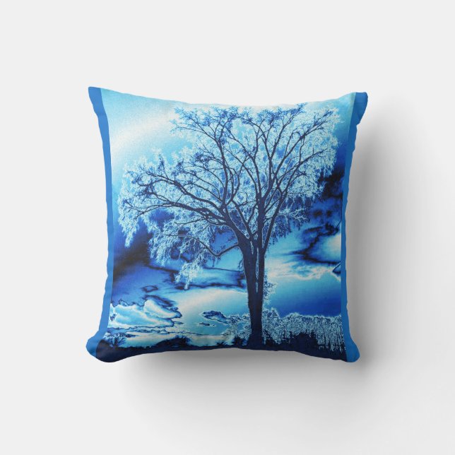 The Tree in Blue Ice Throw Pillow (Front)