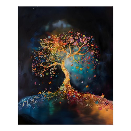 The Tree of Life Dark Blue Rainbow Glossy Art Poster