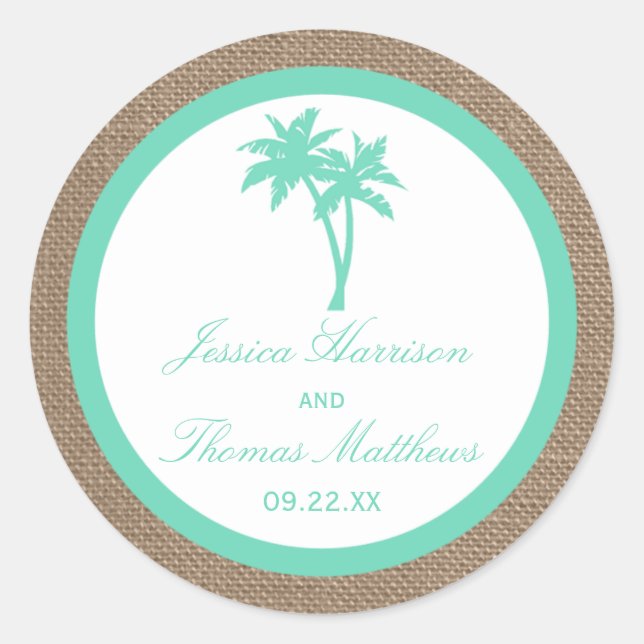The Tropical Palm Tree Beach Wedding Collection Classic Round Sticker (Front)