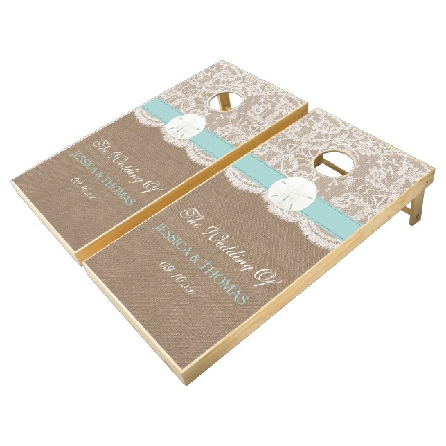 The Turquoise Sand Dollar Beach Wedding Collection Cornhole Set (Angled)