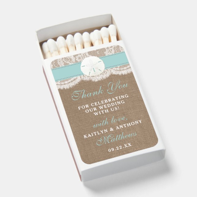 The Turquoise Sand Dollar Beach Wedding Collection Matchboxes (Front Open)