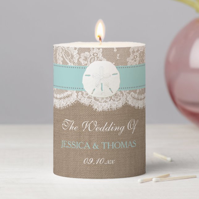 The Turquoise Sand Dollar Beach Wedding Collection Pillar Candle (In Situ)