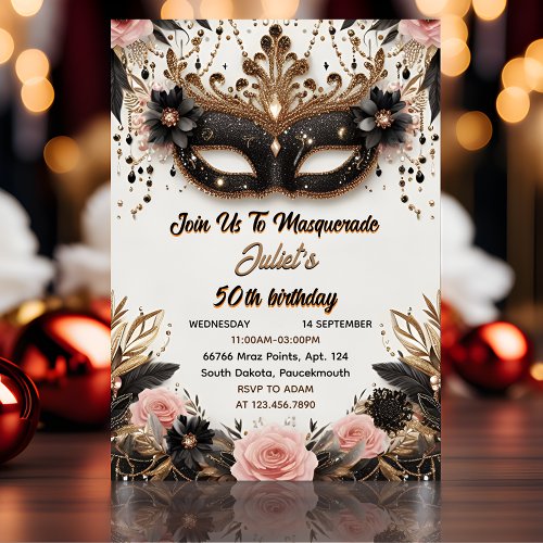 The Tutu Black Gold Chic Masquerade 50th Birthday Invitation