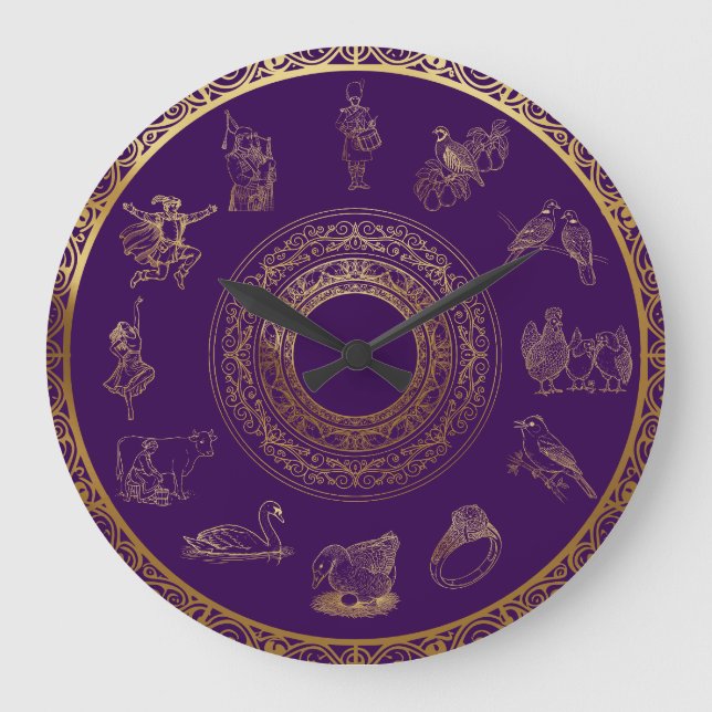 The Twelve Days of Christmas Purple Large Clock (Front)