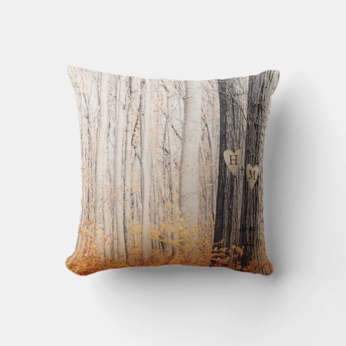 The Two Lovers Carved Hearts in Trees Fall Forest Throw Pillow