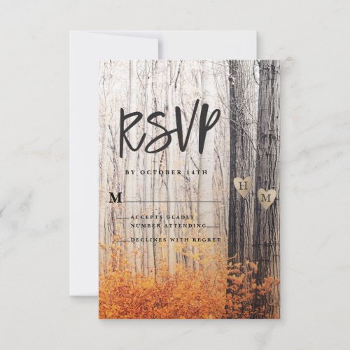 The Two Lovers Carved Initials Trees Fall Forest RSVP Card