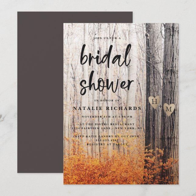 The Two Lovers Carved Trees Fall Bridal Shower Invitation (Front/Back)