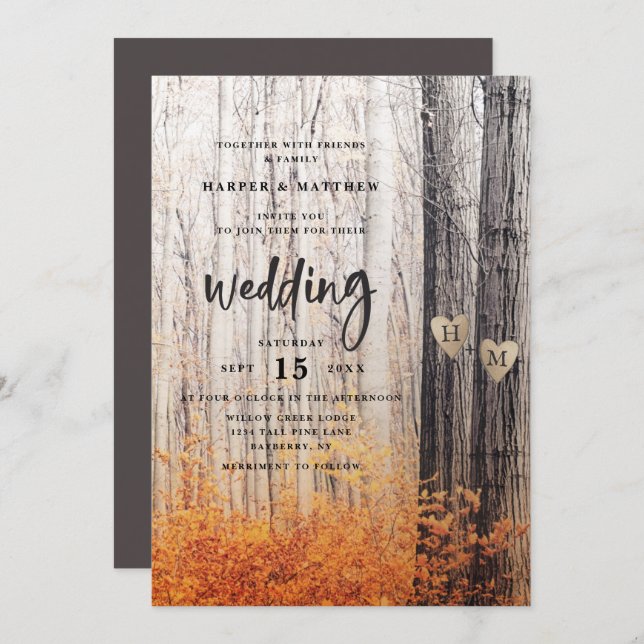 The Two Lovers Carved Trees Fall Forest Wedding Invitation (Front/Back)