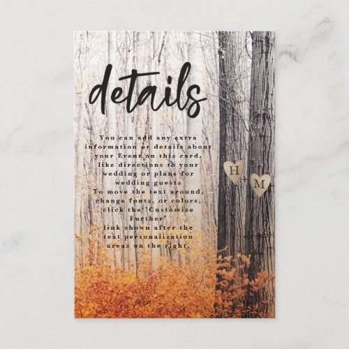 The Two Lovers Carved Trees Fall Wedding Details Enclosure Card