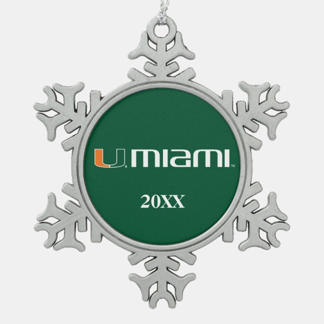 The U Miami Snowflake Pewter Christmas Ornament (Front)
