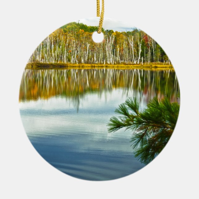The U. P.: Autumn Birch Tree Reflections Ceramic Ornament (Front)