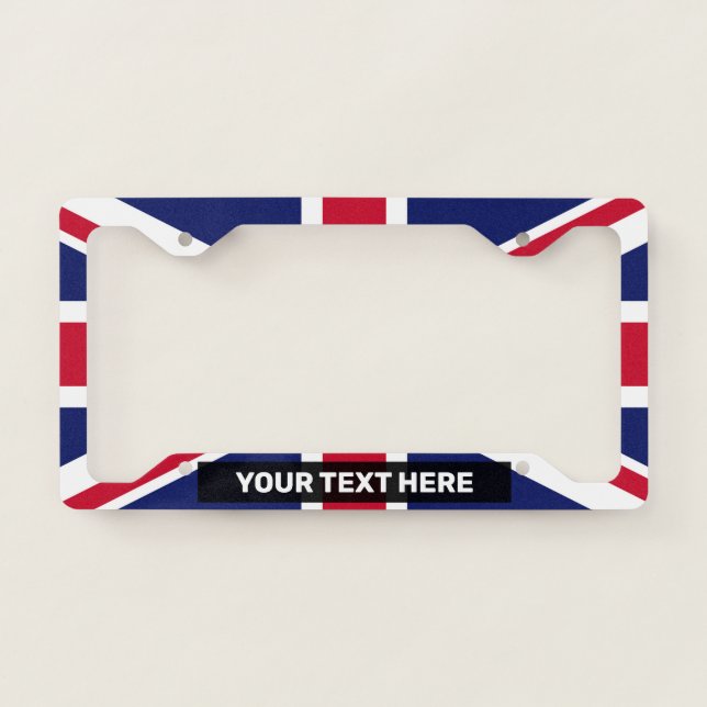 The UK Flag White Text Personalized License Plate Frame (Front)