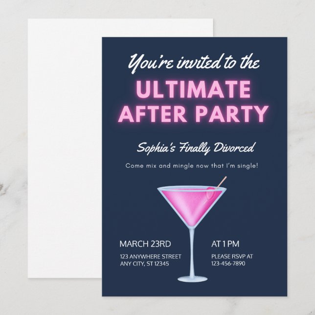 The Ultimate Afterparty Neon Martini Divorce Party Invitation (Front/Back)