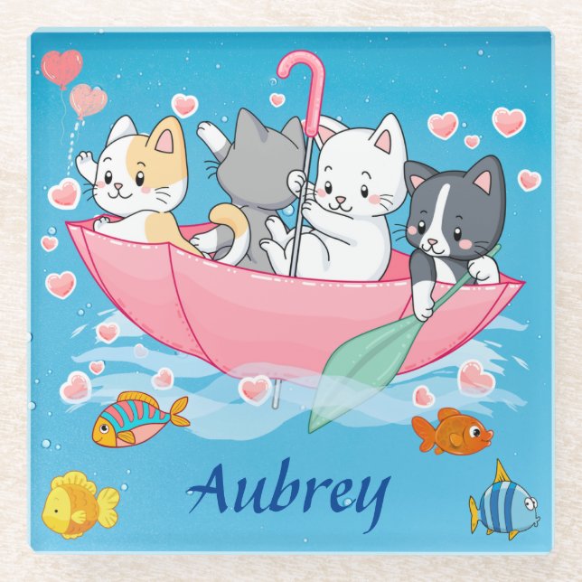 The Umbrella Adventure with cute Felines Glass Coaster (Front)