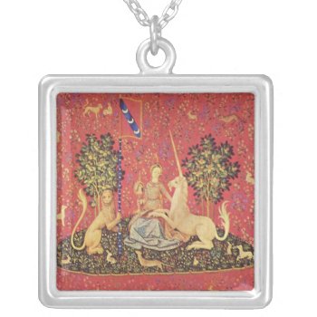 The Unicorn And Maiden Medieval Tapestry Image Silver Plated Necklace by dmorganajonz at Zazzle