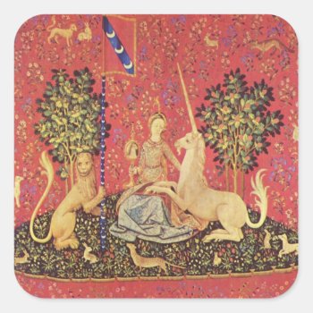 The Unicorn And Maiden Medieval Tapestry Image Square Sticker by dmorganajonz at Zazzle