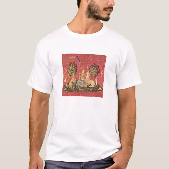 The Unicorn and Maiden Medieval Tapestry Image T-Shirt (Front)