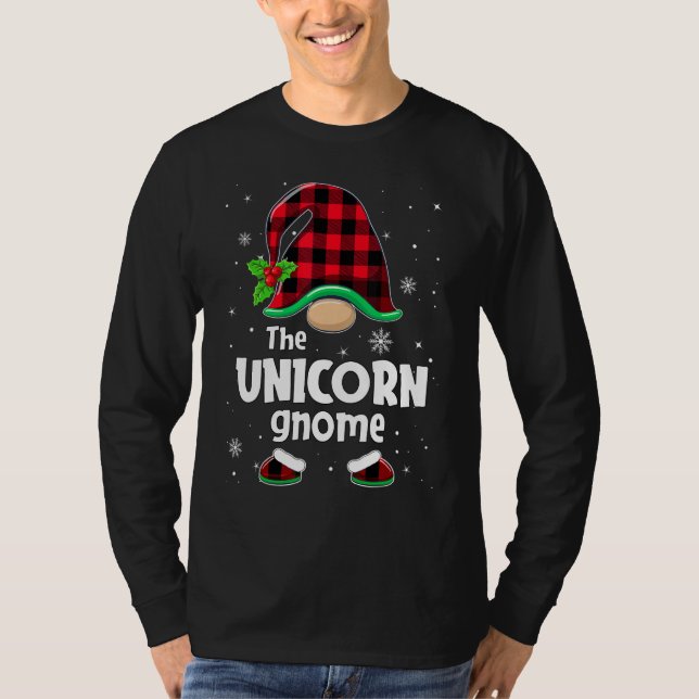 The Unicorn Gnome Buffalo Plaid Christmas Matching T-Shirt (Front)