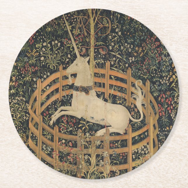 The Unicorn in Captivity, Medieval Tapestry  Round Paper Coaster (Front)