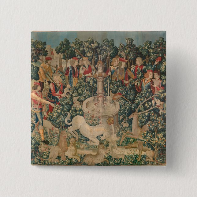 The Unicorn is Found, Medieval Tapestry Button (Front)