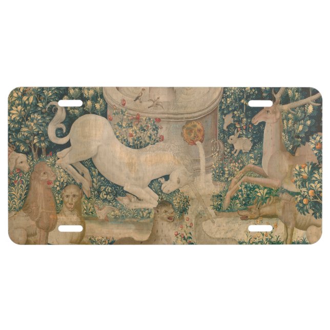 The Unicorn is Found, Medieval Tapestry License Plate (Front)